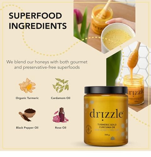 Drizzle Turmeric Gold Raw Honey - Superfood Anti-Inflammatory Blend - Rich in Nutrients and Beneficial Enzymes - Notes of Turmeric & Cardamom - 100% Raw, Pure Honey - Gluten-Free, Paleo-friendly (350g) 2-Pack — view 4