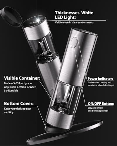 TOMEEM Upgraded Larger Capacity Electric Salt and Pepper Grinder Set Rechargeable with LED lights, Stainless Steel Automatic Pepper and Salt Grinder Refillable with 5 Adjustable Coarseness — view 6