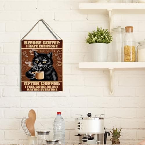 Before Coffee I Hate Everyone After Coffee I Feel Good About Hating Everyone Black Cat Hanging Plaque, 6.7 x 10 Inches Funny Wall Decor for Kitchen, Office, Home