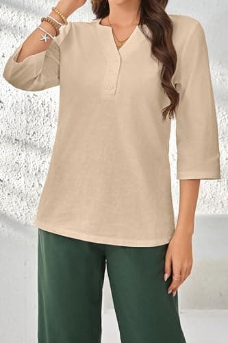 SHOLOW Women Cotton Linen Blouses Dressy Casual 3/4 Length Sleeve Womens Tops Button Down V Neck T Shirt Khaki