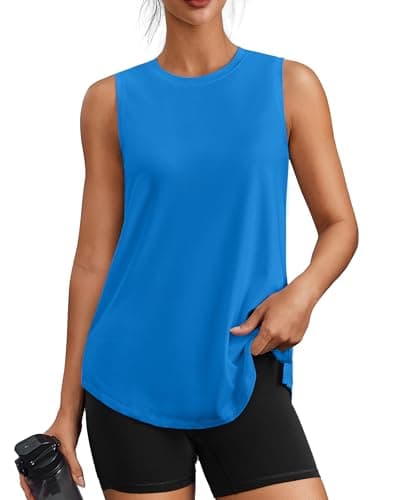 PINSPARK Workout Tops for Women Sleeveless Athletic Tank Tops UPF 50+ Running Tanks with Side Slits Loose Fit Gym Yoga Shirt, Sprkle Blue, X-Large