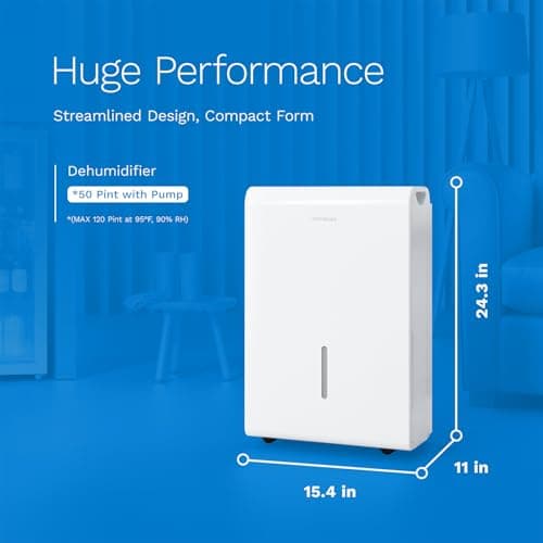 hOmeLabs Dehumidifier 7,500 Sq Ft Wi-Fi 50 Pint MAX 120 Pint 95°F, 90% RH