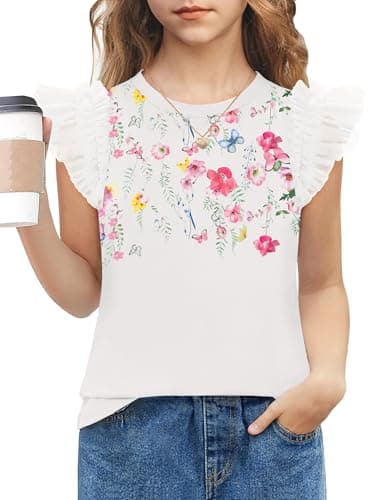 Arshiner Summer Shirts for Girls Mesh Ruffle Flutter Sleeve Little Girls Tops Round Neck Kids Floral Soft Shirts Size 5-6