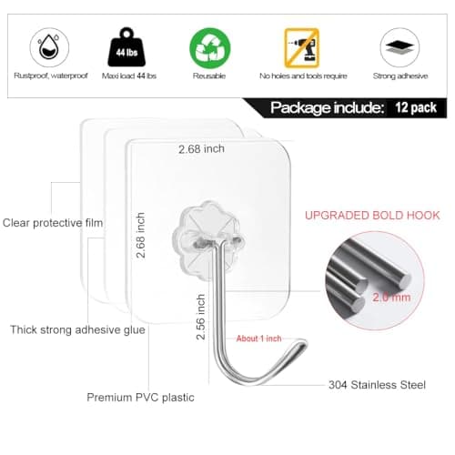 ZESLMG Adhesive Wall Hooks No Damage for Hanging, 12 Pack Large Self Sticky Hooks Heavy Duty 44lb Removable, Clear Hook for Shower Towel Coat Key Picture Wreath Outdoor Bathroom Kitchen, Waterproof — view 2
