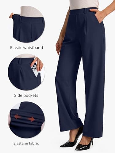 Feiersi Womens Dress Pants Wide Leg Pull On Stretchy Work Pants High Waisted Business Trousers with Pockets(Navy Blue,Large) — view 3