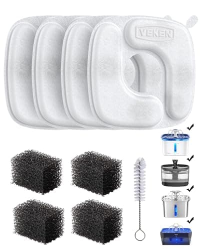 Veken Cat Water Fountain Filters, 4 Pack Replacement Filters & 4 Pack Replacement Pre-Filter Sponges Set for 67oz, 95oz, 135oz Automatic Pet Fountain Dog Water Dispenser