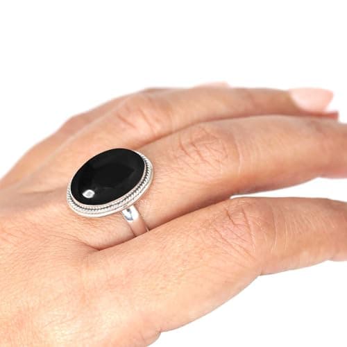 JEWELOPORIUM Black Onyx Silver Ring Size 7, 925 Sterling Silver Ring for Women, Genuine Chunky Oval Gemstone Handmade Jewelry