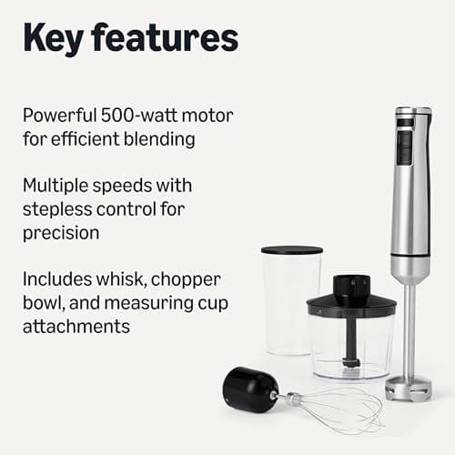Amazon Basics 500 Watt Multi-Speed Immersion Hand Blender with Attachments, Corded, Silver