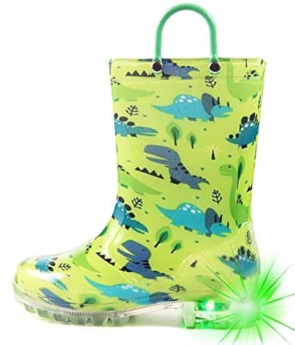 HugRain Toddler Boys Rain Boots Baby Kids Light Up Printed Waterproof Shoes Rubber Garden Puddle Boots Lightweight Adorable Cute Green Dinosaur Easy-On Handles and Insole (Size 10,Green)