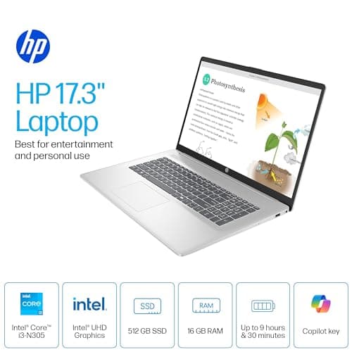 HP 2026 17.3" Laptop Compurter for Business & Student, Intel 8-Core Processor, FHD LED Anti-Glare Display, 16 GB RAM, 512 GB SSD, Win 11 Pro, Bluetooth 5.3, WiFi 6, Camera, Copilot AI, w/Accessories