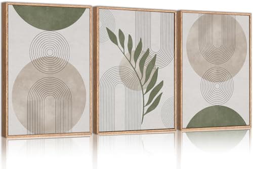 HPINUB Sage Green Boho Framed Canvas Wall Art Set, Minimalist Beige Green Botanical Wall Decor, Abstract Geometric Line Leaf Canvas Painting for Living Room, Dining Room, Office Decor-24 x36 x3