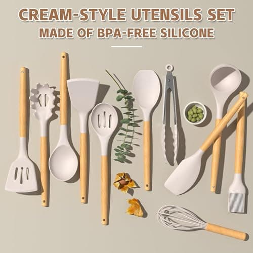 Umite Chef Kitchen Cooking Utensils Set, 33 pcs Non-Stick Silicone Cooking Kitchen Utensils Spatula Set with Holder, Wooden Handle Silicone Kitchen Gadgets Utensil Set (Khaki) — view 3