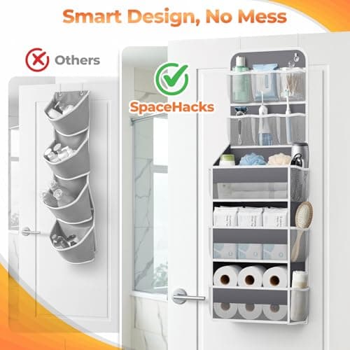 SpaceHacks 5-Tier Over the Door Organizer with Mesh Pockets, Baby Nursery Storage for Closet, Bathroom and Bedroom, Adjustable Hanging Closet Organizer for Cosmetics, Books and Essentials (Dark Grey) — view 3