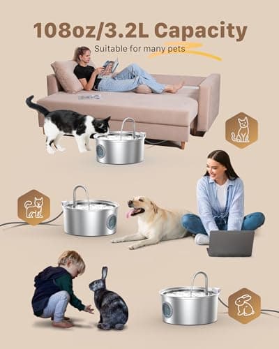 Cat Water Fountain Stainless Steel with 6 Filters + 3 Sponge Filters: 108oz/3.2L FOFNON Cat Fountain — view 2