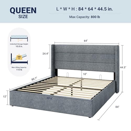 Allewie Queen Size Lift Up Storage Bed, Modern Wingback Headboard, Hydraulic Support, No Box Spring Needed, Grey Blue