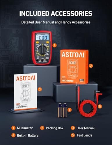 AstroAI Digital Multimeter Tester 2000 Counts with DC AC Voltmeter and Ohm Volt Amp Meter; Measures Voltage, Current, Resistance, Continuity and Diode, Black — view 6
