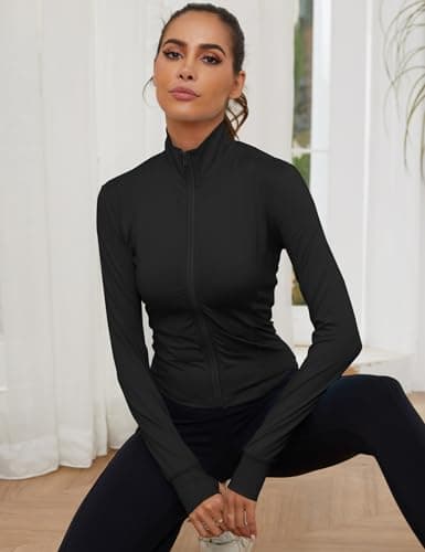 Gihuo Women's Athletic Full Zip Lightweight Workout Jacket with Thumb Holes, Black, Small — view 2