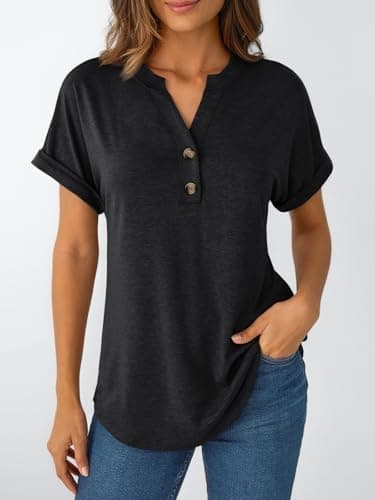 AUTOMET Short Sleeve Shirts for Women Dressy Casual Summer Tops 2026 Henley Spring Fashion Teacher School Outfits Work Blouses Trendy Cozy Cute Plus Size T-Shirts Business Clothes Black S — view 5