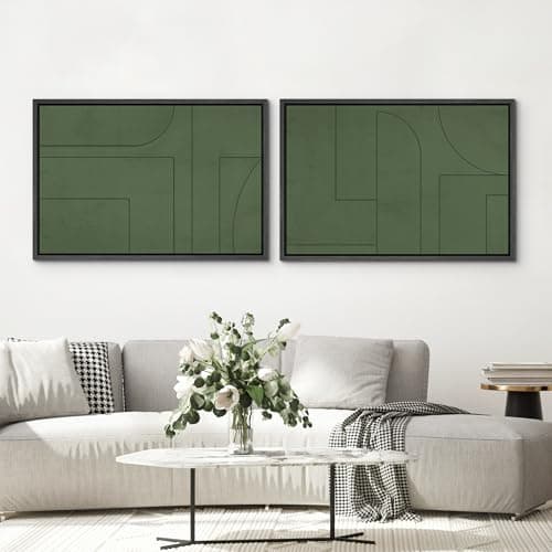 SIGNWIN Framed Canvas Print Wall Art Set Green Mid-Century Polygon Landscape Abstract Shapes Digital Art Modern Art Decorative Minimalism Vintage for Living Room, Bedroom, Office - 24"x36"x2 Black — view 3