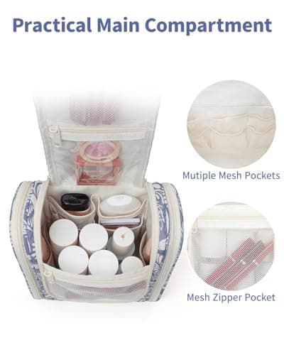 Narwey Small Hanging Toiletry Bag Women Travel Toiletries Makeup Bag Cosmetic Make up Bags for Travel Size Essentials Accessories (Medium, Blue Leaf) — view 2