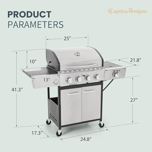 Captiva Designs 4-Burner Propane Gas BBQ Grill with Side Burner & Porcelain-Enameled Cast Iron Grates, 42,000 BTU Output Stainless Steel Grill for Outdoor Cooking Kitchen and Patio Backyard Barbecue — view 5