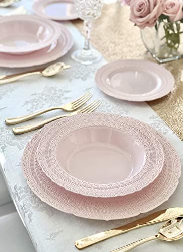 " OCCASIONS " 50 Plates Pack (25 Guests)-Extra Heavyweight Vintage Wedding Disposable/Reusable Plastic Plates -25 x 11'' Dinner + 25 x 8.25'' Salad/dessert (Chateau Blush Pink) — view 5