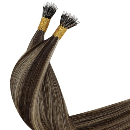 YoungSee Nano Link Hair Extensions Human Hair Dark Brown Highlights Caramel Blonde Nano Ring Human Hair Extensions Cold Fusion Hair Extension Nanobead 16in Invisible Nanoloop Extension 50 Strands 50g — view 8