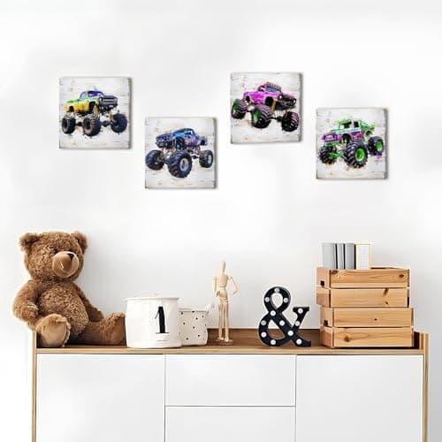 Monster Truck Canvas Wall Art for Boys Room Decor Vintage Car Posters Kids Wall Art, Trucks Poster for Boys Bedroom Playroom Watercolor Vehicle Wall Decor Nursery Paintings Children Gifts 12×12" 4 Pcs — view 4