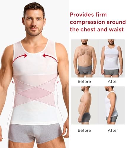 Nebility Mens Compression Shirt - Slimming Undershirts Body Shaper Vest Mesh Shapewear Tummy Control Tank Tops White — view 3
