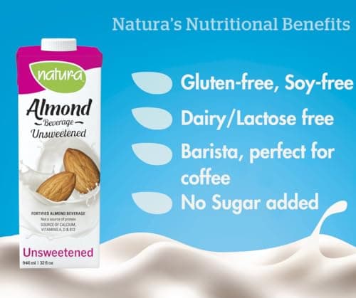 NATURA Fortified Almond Milk - Unsweetened - Barista Approved - Gluten Free - Dairy Free - Vegan - Shelf Stable - Plant Based Beverage - Non-GMO - Made in Canada | 946ml — view 2