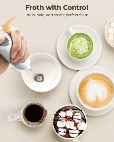 SIMPLETASTE Milk Frother Handheld Electric Foam Maker, Drink Mixer with Stainless Steel Whisk for Cappuccino, Bulletproof Coffee, Latte, Blizzard White, without Stand, Battery Operated — view 3
