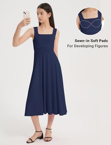 EXARUS Girls Dress Mini/Maxi Teen Padded Flowy Ruffle Ruched Swing Sleeveless Summer Dresses Graduation Dance 8-14Y, Maxi Dark Blue, 14 Years — view 2