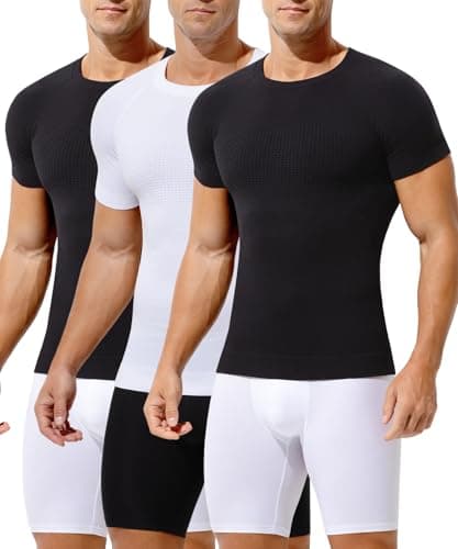 Casey Kevin Men's Slimming Compression Shirts 3 Pack, Short Sleeve Shapewear Undershirt for Men Body Shaper Tummy Control,White/Black/Black,X-Large