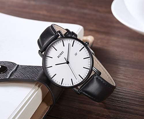BUREI Men Watches Fashion Minimalist Waterproof Leather Watches for Men Women Student,White Black.