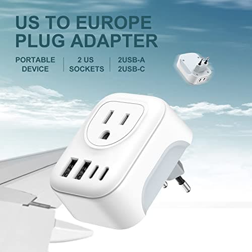 VYLEE Travel Plug Adapter, International Plug Adapter with 4 AC Outlets 2 USB Ports (2 USB C Port), Type C Power Adaptor Charger for the US to Most of Europe Iceland Spain Italy France Germany — view 4