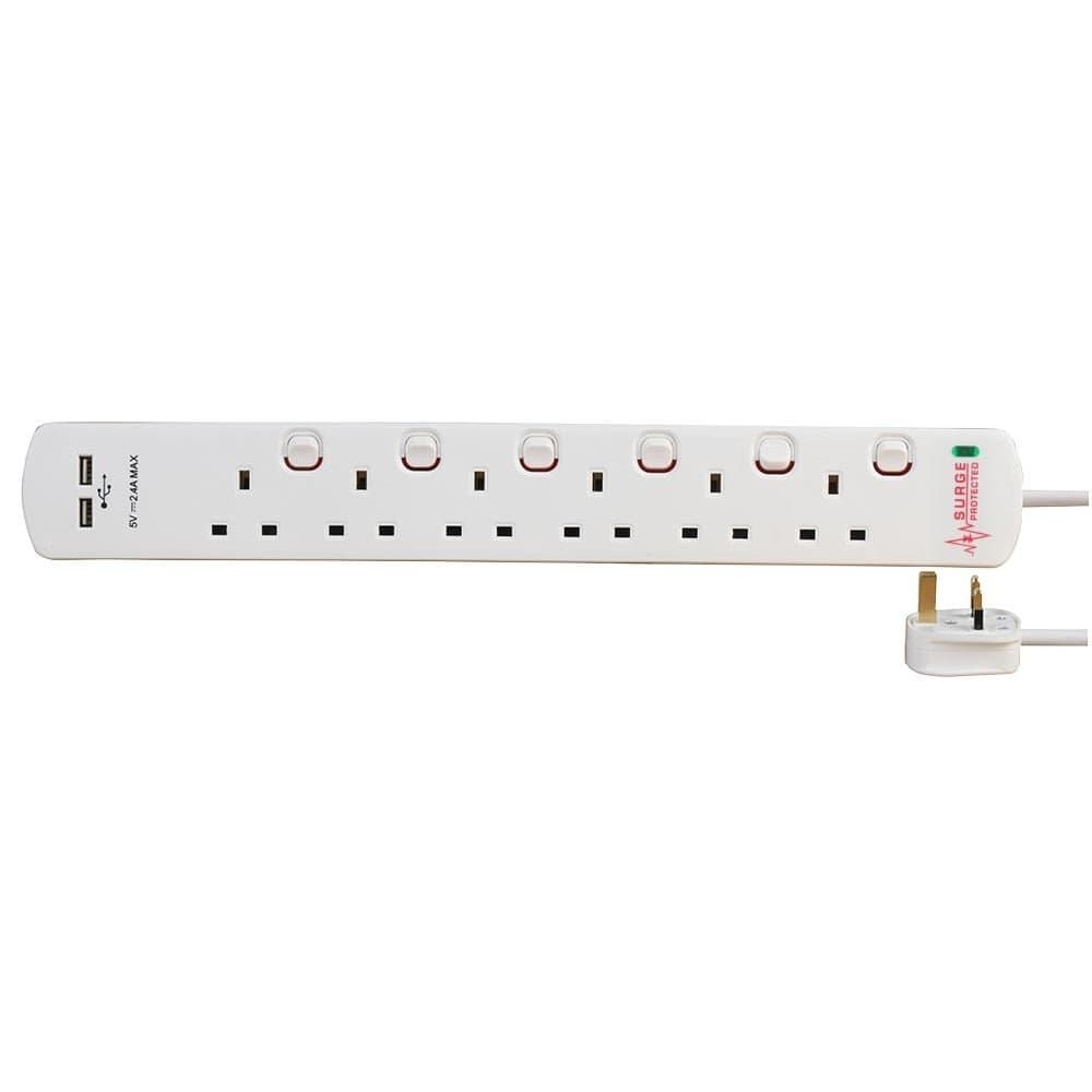 Surge Protected Extension Trailing Lead - Black/White Multi Plug USB Power Cable 2m 6 Gang Switched 2 USB Surge, White
