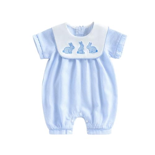 Baby Boy Easter Romper Clothes Short Sleeve Bunny Embroidery Jumpsuit Newborn Playsuit Outfits (Blue, 0-3 Months)