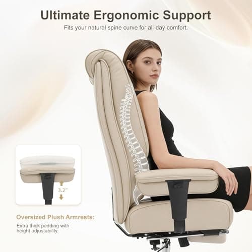 EXCEBET Big and Tall Office Chair 400lbs Wide Seat, Leather High Back Executive Office Chair with Foot Rest, Ergonomic Chairs Lumbar Support for Lower Back Pain Relief (Beige) — view 4
