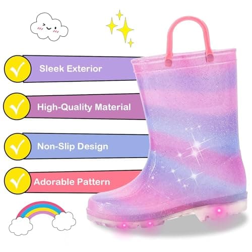 Toddler Kids Rain Boots Boys Girls Light Up Waterproof Boot with Handles, Little Kid Size 11, Pink Purple Blue