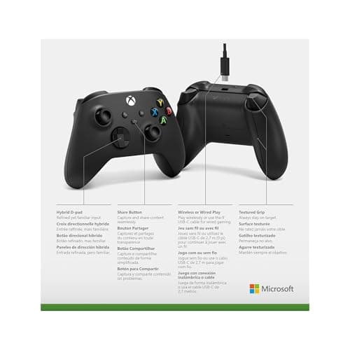 XBOX Wireless Gaming Controller + USB-C Cable | Carbon Black | Console, PC, & Cloud Devices | Textured Grip | Wireless, Bluetooth, USB-C Connectivity — view 7