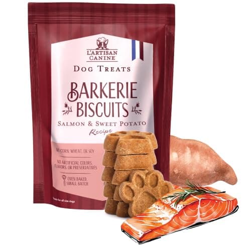L'artisan Canine Barkerie Dog Treats | Healthy Crunchy Sweet Potato & Salmon Dog Biscuits | French Recipe Dog Snacks | Made in USA | 8oz Treat Pouch | Suitable for All Dogs