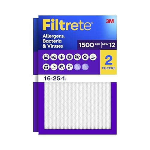 Filtrete 16x25x1 Air Filter, MERV 12, MPR 1500, Allergens, Bacteria & Viruses, 3-Month AC and Furnace Filters, Cleaner Air, Reliable Airflow, 2 HVAC Filters (Actual Size 15.62 x 24.62 x 0.78 in)