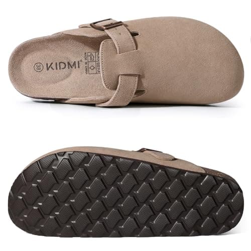 KIDMI Women's Suede Clogs Leather Mules Cork Footbed Sandals Potato Shoes with Arch Support, Taupe 39 — view 3