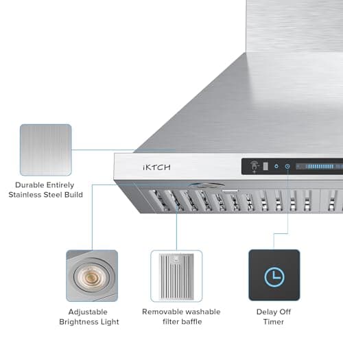 IKTCH 30 inch Wall Mount Range Hood, 390 CFM Low Noise Kitchen Vent Hood, Ducted/Ductless Convertible, Kitchen Chimney Vent Stainless Steel with Gesture Sensing & Touch Control Switch Panel — view 5