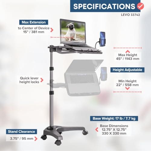 LEVO G2 V16 Rolling Laptop Workstation Stand Cart with Mouse Tray and Phone Holder for Bed Couch Recliner or Chair, Adjustable Mobile Desk for Remote Office Reading and Study — view 6