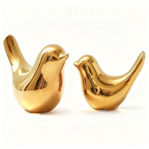 2Pcs Gold Ceramic Bird Figurines, Shiny Metallic Decorative Bird Sculptures for Home, Shelf, Desk, Table, Holiday and Party Decor, Premium Gift for Living Room Bedroom Office