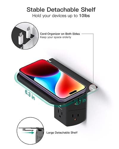 Wall Outlet Extender with Shelf and Night Light,Surge Protector,USB Wall Charger with 5 USB Outlets and 3 USB Ports 1 USB C Outlet — view 3