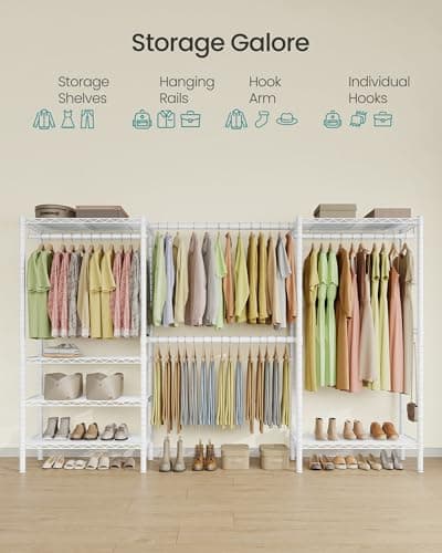 SONGMICS Heavy-Duty Clothes Rack, Extendable Garment Rack, Portable Closet with Adjustable Mesh Shelves and Hanging Rails, Hooks, 15.8 x 69.7-86.6 x 76.4 Inches, White ULGR438WZ01S — view 2