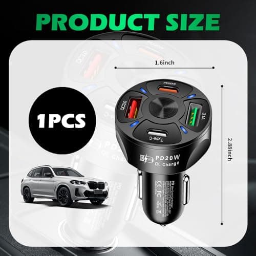 4 Ports Fast Car Charger Adapter,12V/24V Car Cigarette Lighter USB Charger Includes QC3.0/PD20W/Type-C/3.1A,Universal Cars Cigarette Lighter Adapter Cars Phone Chargers (Black)