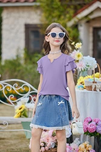 Arshiner Girl's Tunic Tops Short Sleeve Cute Flutter Ruffle Shirts Little V Neck Casual Tops Summer Plain Color Purple 7-8 Years — view 3